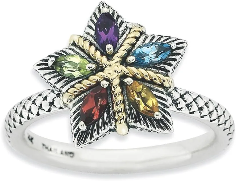 Solid 925 Sterling Silver and 14k Yellow Gold Stackable Gemstone Vintage Antiqued Ring Eternity Band