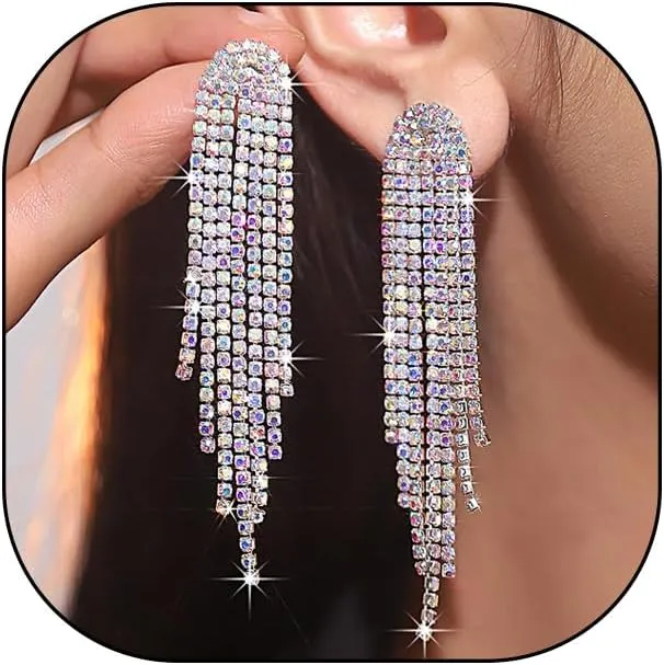 Sparkling Crystal Chandelier Dangle Earrings for Women Minimalist Gold Plated Cubic Zirconia Long Tassel Chain Earrings Charm Wedding Jewelry Gift