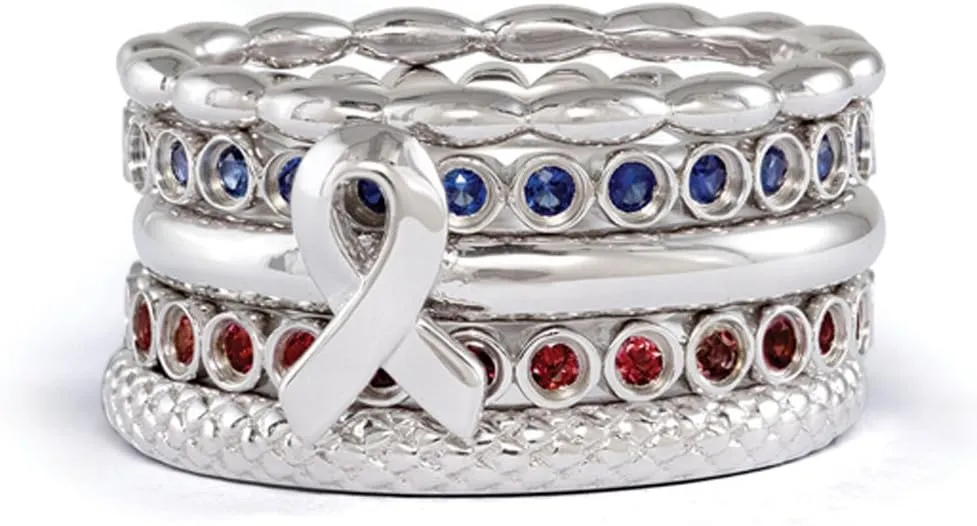 Stackable Sterling Silver, Garnet & Created Sapphire Awareness Ribbon Ring Set