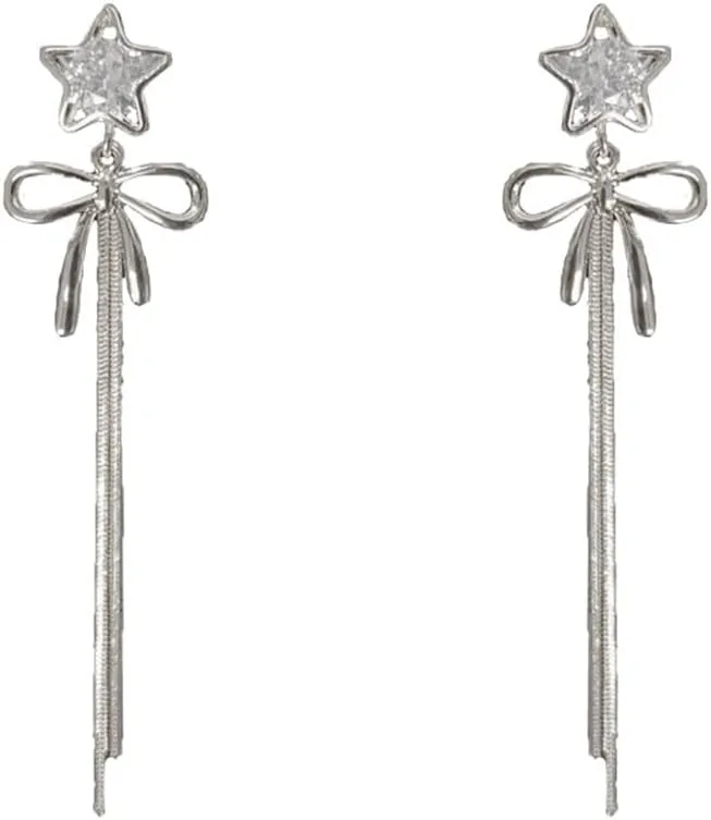 Star Bow Knot Stud Earrings 925 Sterling Silver Post Stars Long Tassel Chain Dangle Drop Earrings Minimalist Studs Earrings Jewelry for Women Hypoallergenic Ear