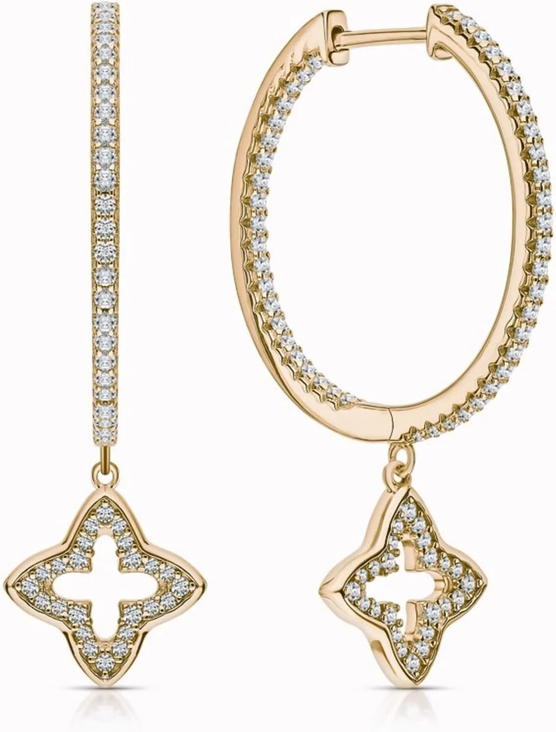Star-Design Yellow Gold Clip-On Earrings, Diamond (0.50ct) Clover Dangle Huggie Hoop, 14K Gold Round Hoop Earring, Gift Foe Women.