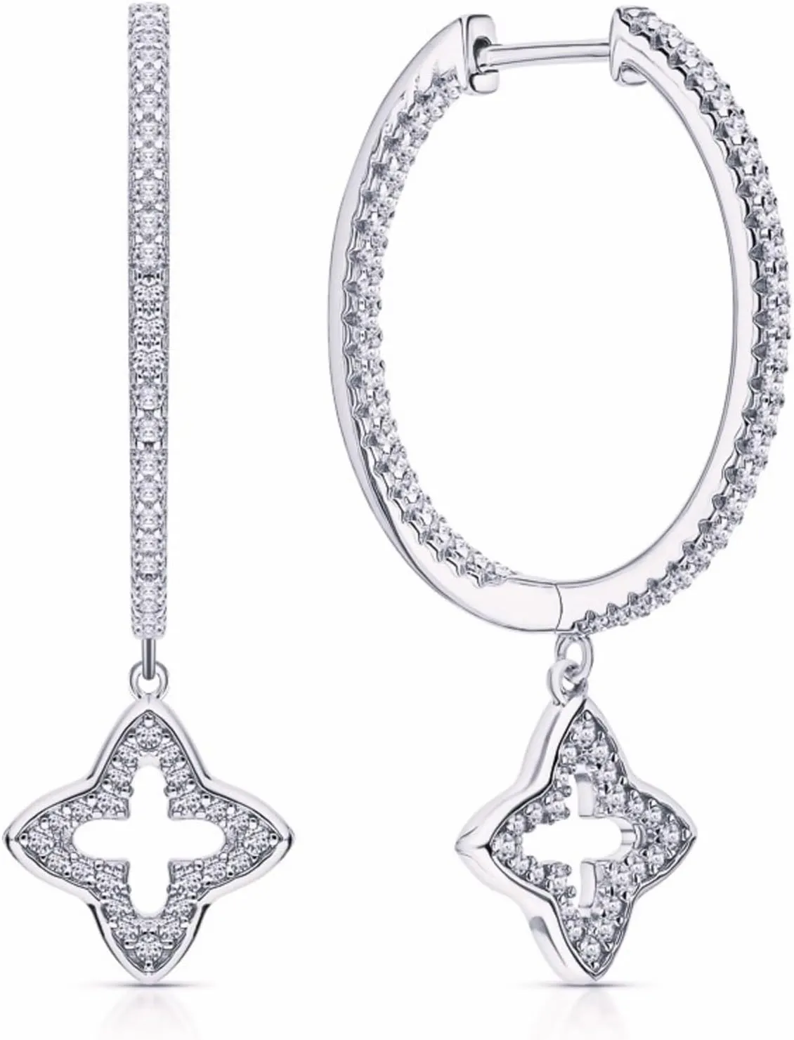 Star-Design Yellow Gold Clip-On Earrings, Diamond (0.50ct) Clover Dangle Huggie Hoop, 14K Gold Round Hoop Earring, Gift Foe Women.