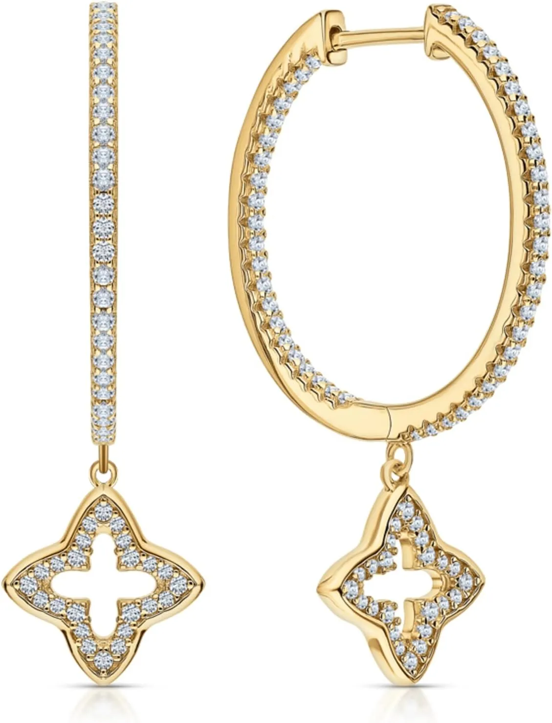 Star-Design Yellow Gold Clip-On Earrings, Diamond (0.50ct) Clover Dangle Huggie Hoop, 14K Gold Round Hoop Earring, Gift Foe Women.
