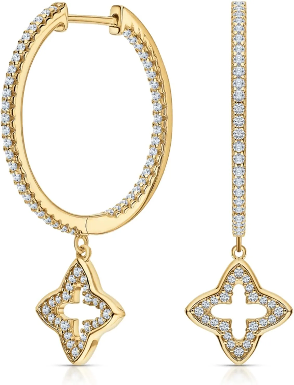 Star-Design Yellow Gold Clip-On Earrings, Diamond (0.50ct) Clover Dangle Huggie Hoop, 14K Gold Round Hoop Earring, Gift Foe Women.