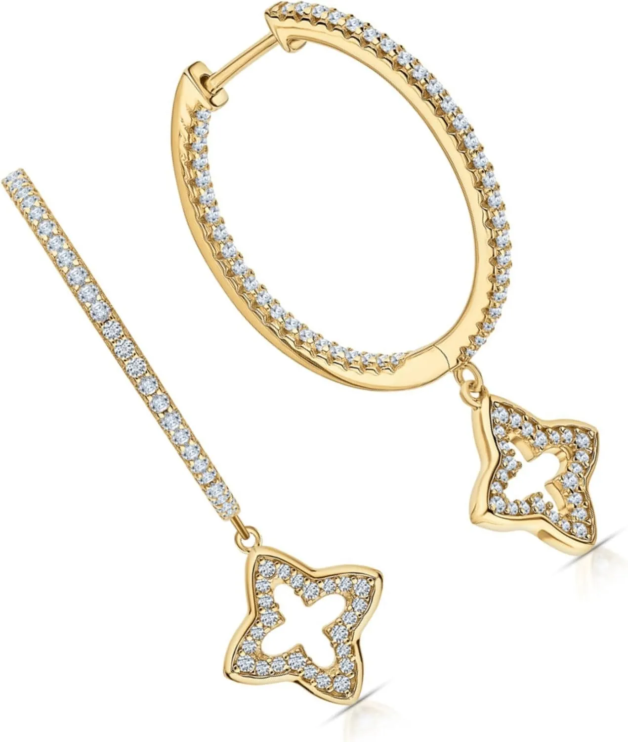 Star-Design Yellow Gold Clip-On Earrings, Diamond (0.50ct) Clover Dangle Huggie Hoop, 14K Gold Round Hoop Earring, Gift Foe Women.