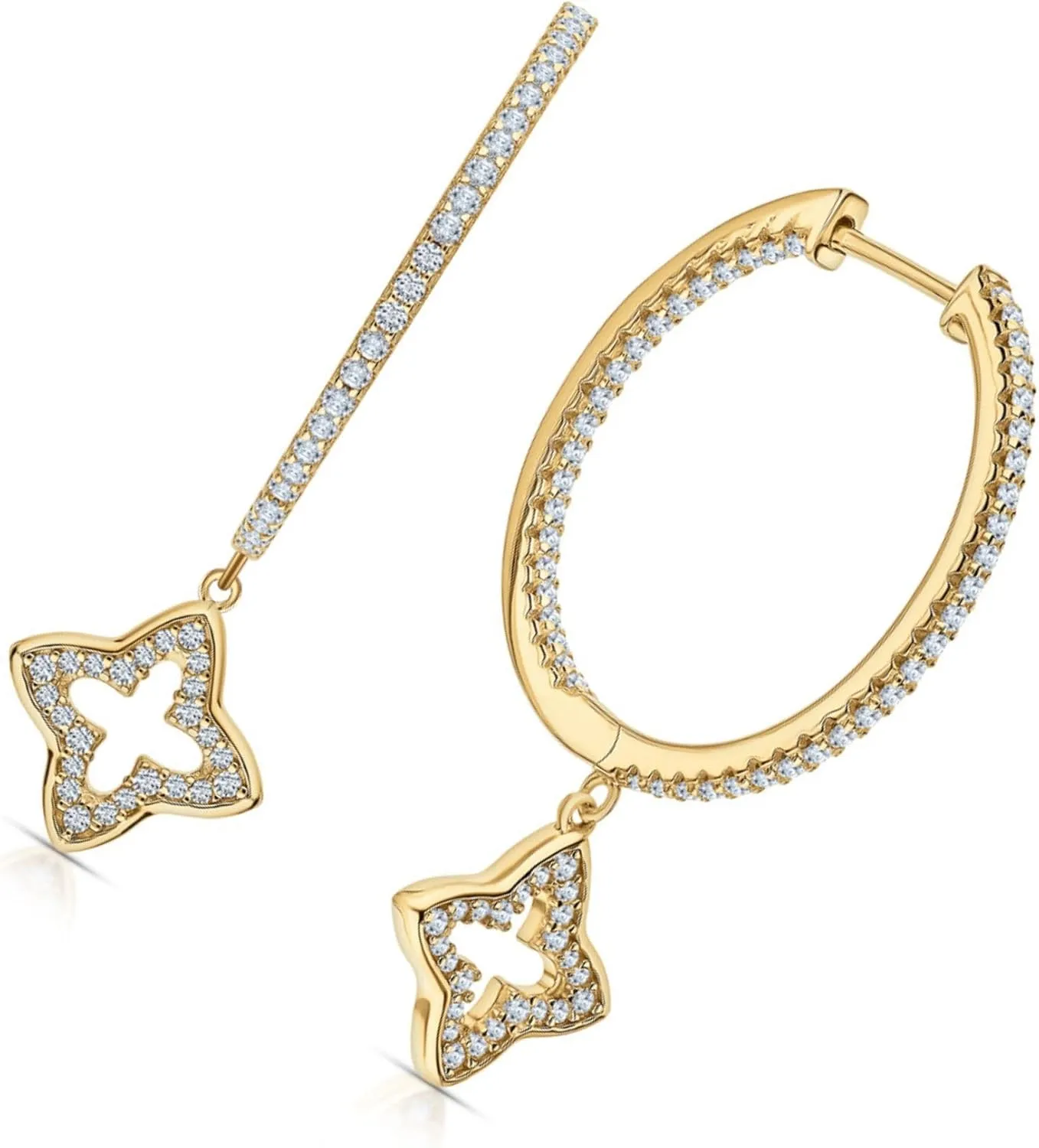 Star-Design Yellow Gold Clip-On Earrings, Diamond (0.50ct) Clover Dangle Huggie Hoop, 14K Gold Round Hoop Earring, Gift Foe Women.