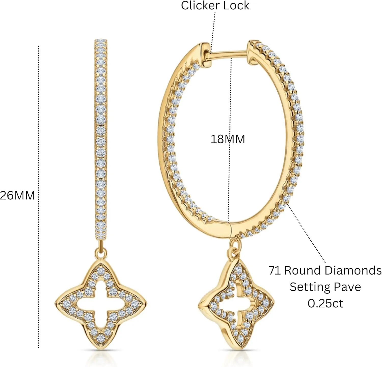 Star-Design Yellow Gold Clip-On Earrings, Diamond (0.50ct) Clover Dangle Huggie Hoop, 14K Gold Round Hoop Earring, Gift Foe Women.