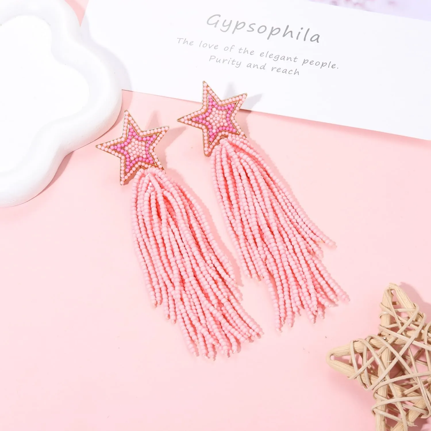 Star Earrings Dangling for Women Beaded Star Tassel Drop Earrings Handmade Statement Bohemian Waterfall Earrings Party Concert Costume Accessory Gift