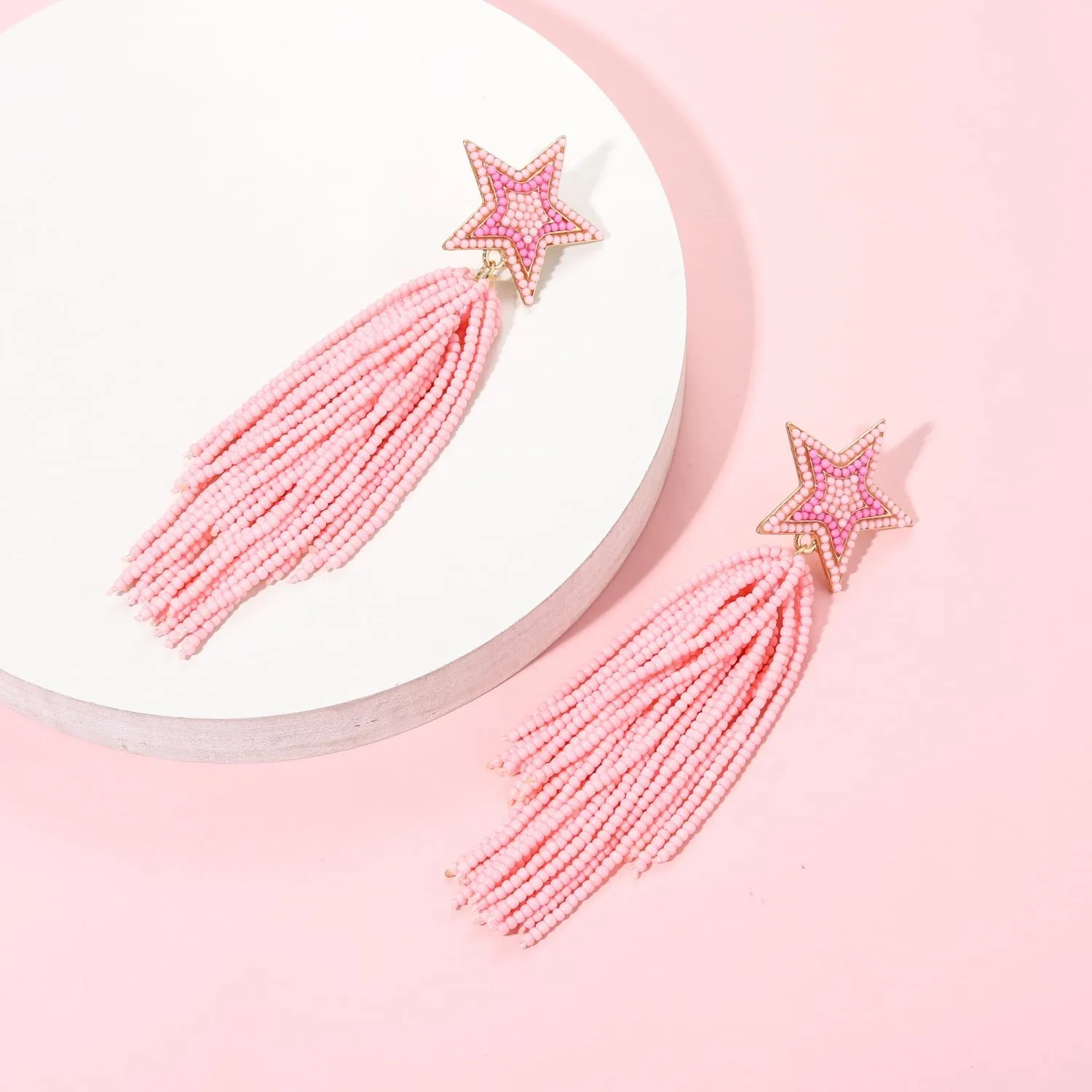 Star Earrings Dangling for Women Beaded Star Tassel Drop Earrings Handmade Statement Bohemian Waterfall Earrings Party Concert Costume Accessory Gift