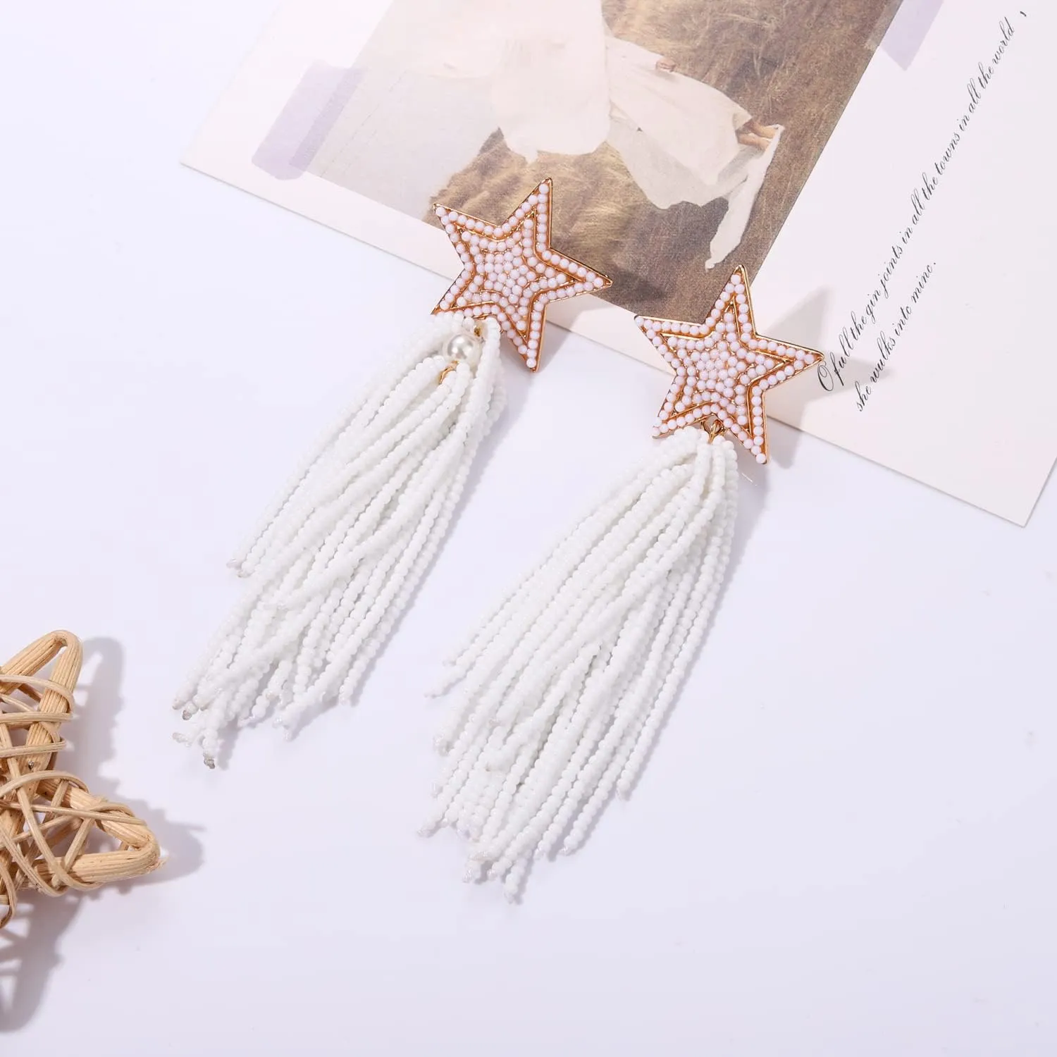 Star Tassel Earrings Long Beaded Star Tassel Drop Dangle Earrings Bohemian Statement Fringe Earrings Cowgirl Country Concert Outfit Party Jewelry