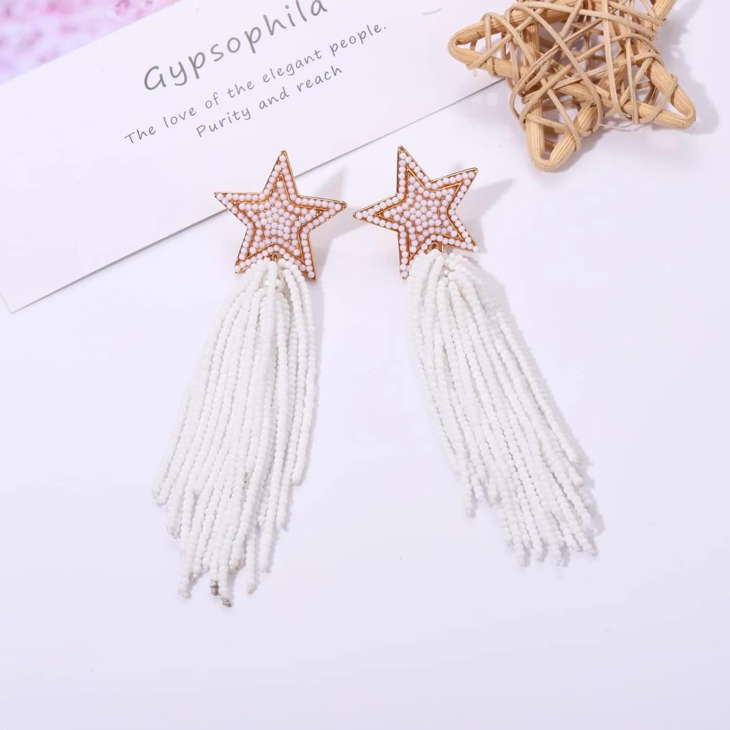 Star Tassel Earrings Long Beaded Star Tassel Drop Dangle Earrings Bohemian Statement Fringe Earrings Cowgirl Country Concert Outfit Party Jewelry