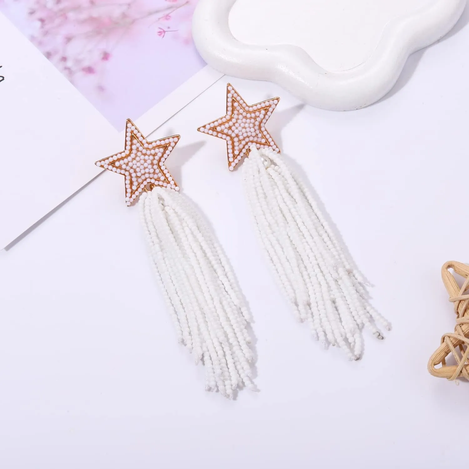 Star Tassel Earrings Long Beaded Star Tassel Drop Dangle Earrings Bohemian Statement Fringe Earrings Cowgirl Country Concert Outfit Party Jewelry