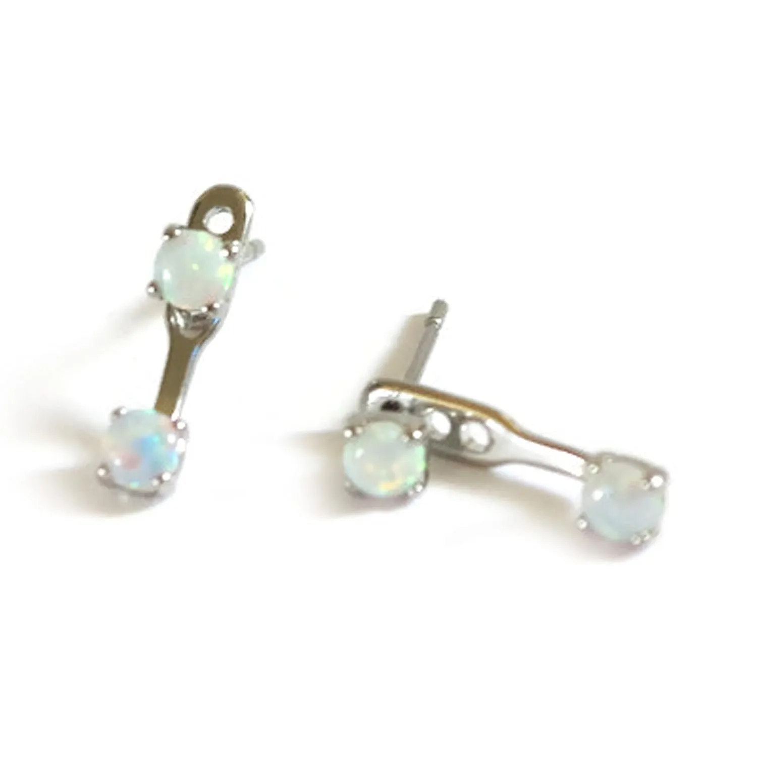 Sterling Silver Fire Opal Front and Back Ear Jacket Stud EarringsMade In USA Ship Within 24 Hours (Rhodium Silver Plated One Pair)