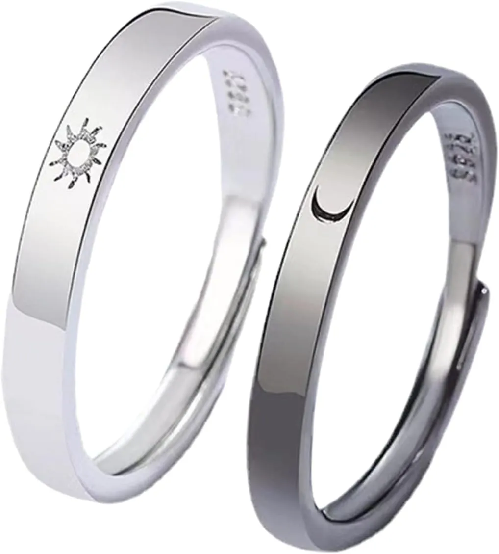 Sun Moon Matching Couples Ring Adjustable Wedding Band Set Moon Ring for Her His