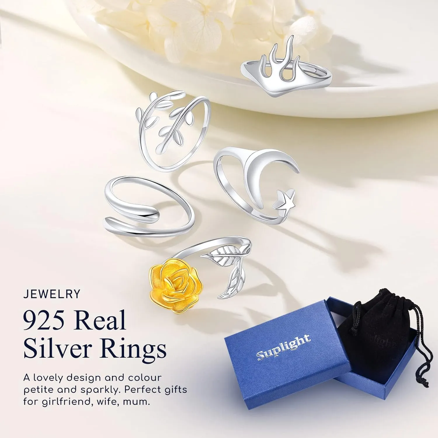 Suplight 925 Sterling Silver Wave Ring/Sideways Cross/Teardrop/Heart Shaped/Sunflower Adjustable Open Ring (with Gift Box)