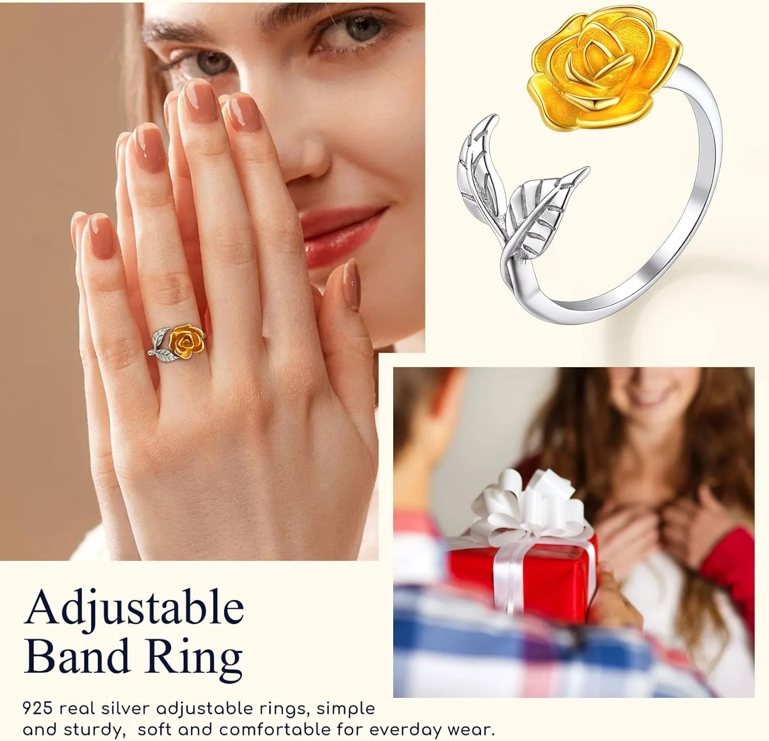 Suplight 925 Sterling Silver Wave Ring/Sideways Cross/Teardrop/Heart Shaped/Sunflower Adjustable Open Ring (with Gift Box)