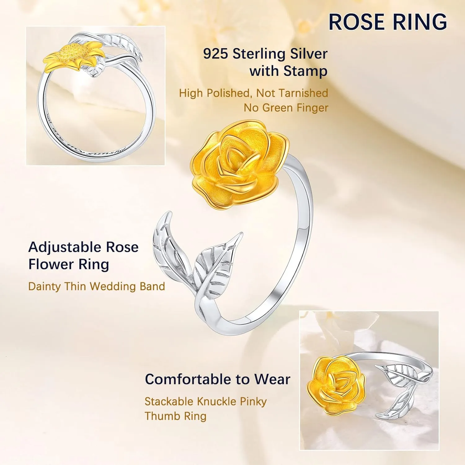 Suplight 925 Sterling Silver Wave Ring/Sideways Cross/Teardrop/Heart Shaped/Sunflower Adjustable Open Ring (with Gift Box)