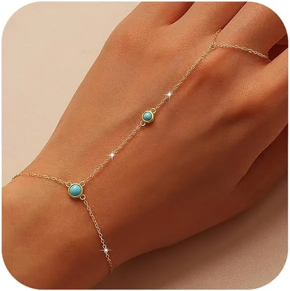 SUYACS 14K Gold Plated Birthstone Hand Chains Bracelet for Women Dainty Red Cubic Zirconia Turquoise Stone Finger Ring Slave Bracelet Jewelry Birthday Summer Gifts for Mom Friends