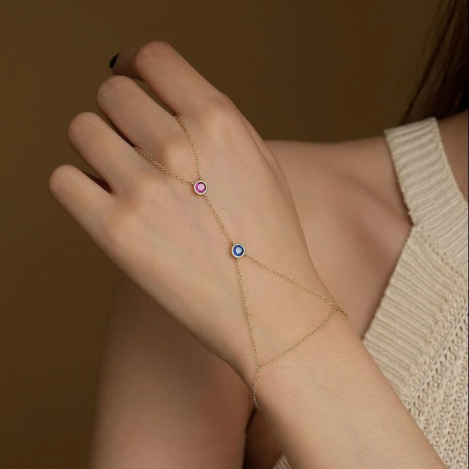 SUYACS 14K Gold Plated Birthstone Hand Chains Bracelet for Women Dainty Red Cubic Zirconia Turquoise Stone Finger Ring Slave Bracelet Jewelry Birthday Summer Gifts for Mom Friends