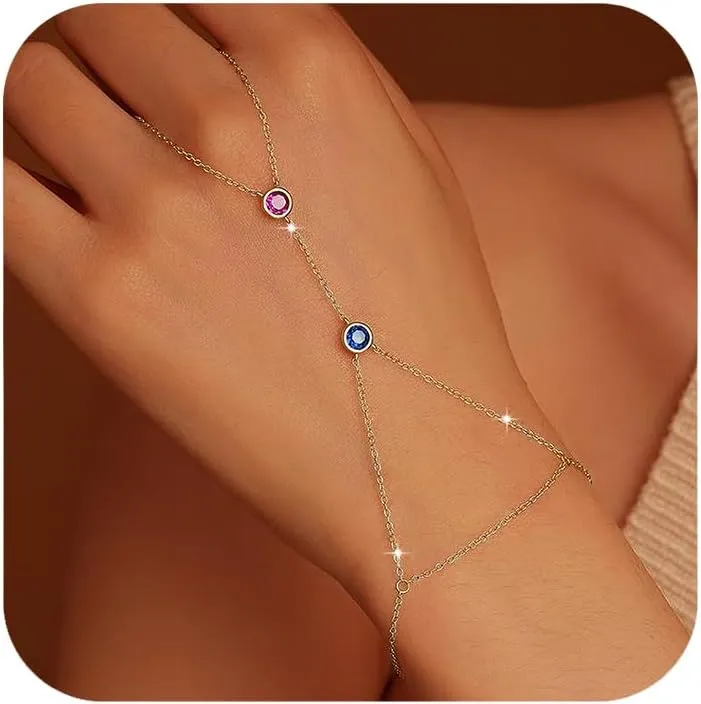 SUYACS 14K Gold Plated Birthstone Hand Chains Bracelet for Women Dainty Red Cubic Zirconia Turquoise Stone Finger Ring Slave Bracelet Jewelry Birthday Summer Gifts for Mom Friends
