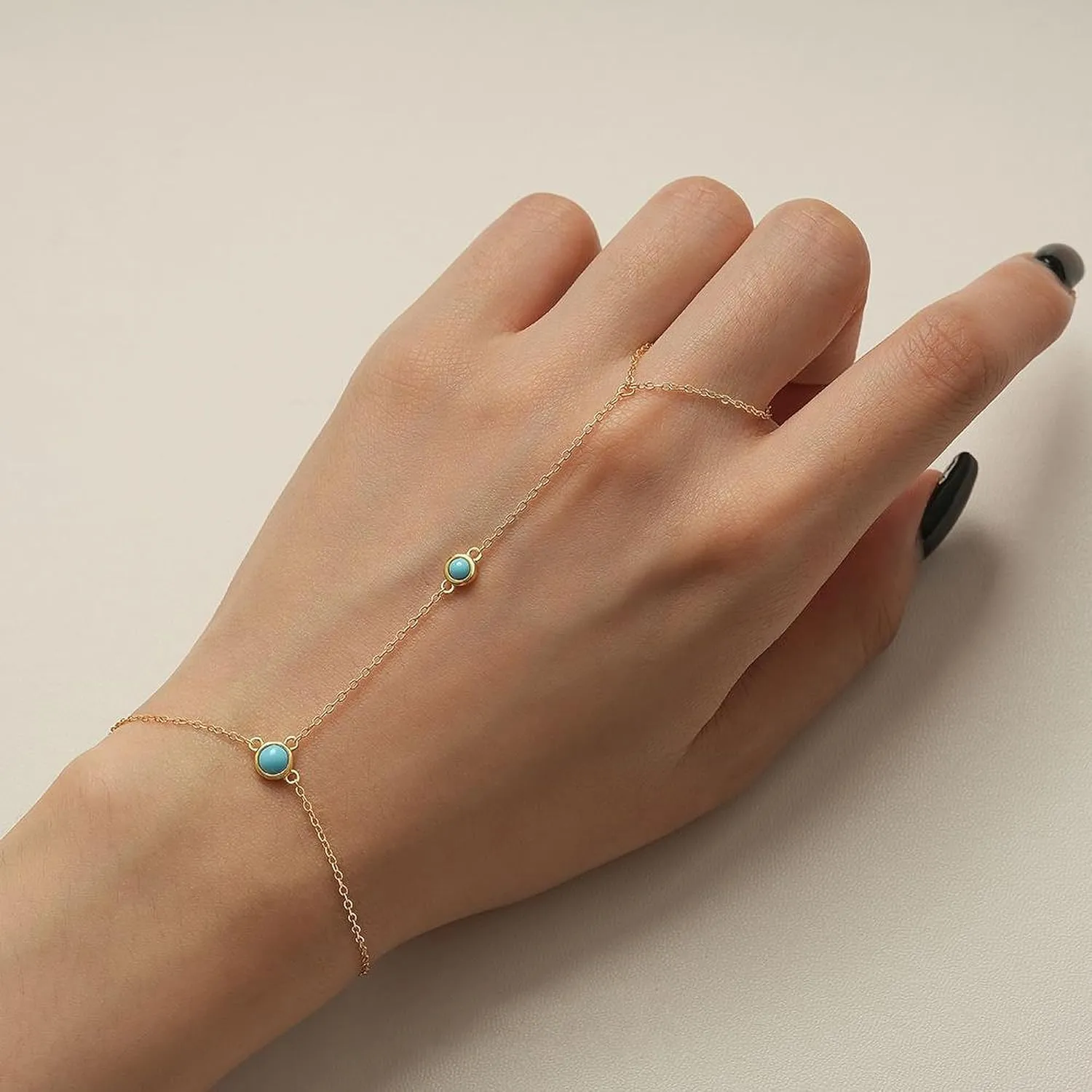 SUYACS 14K Gold Plated Birthstone Hand Chains Bracelet for Women Dainty Red Cubic Zirconia Turquoise Stone Finger Ring Slave Bracelet Jewelry Birthday Summer Gifts for Mom Friends