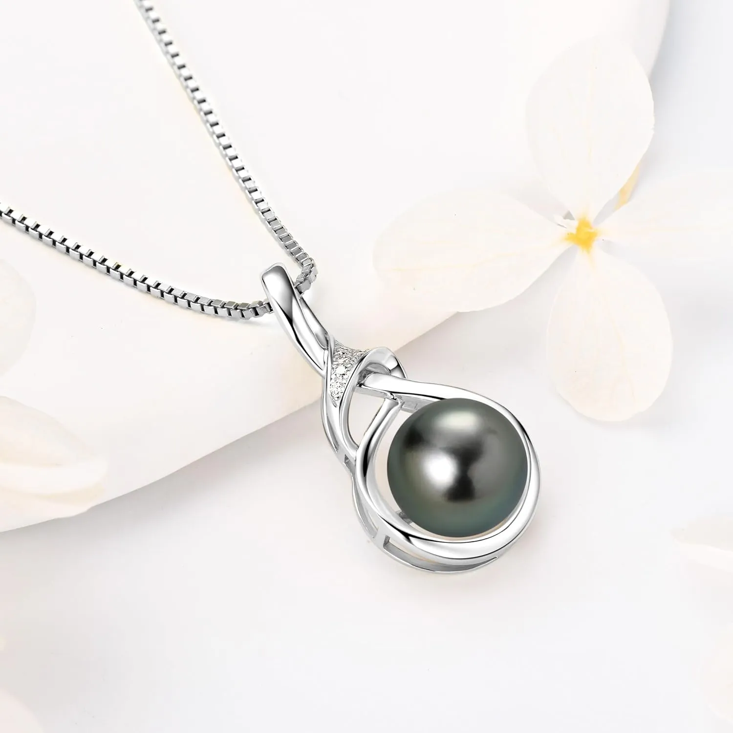 Tahitian Black Pearl Necklaces for Women, 925 Sterling Silver Single Pearl Pendant Necklace with Moissanite, Birthday Anniversary Jewelry Gifts for Wife Mom