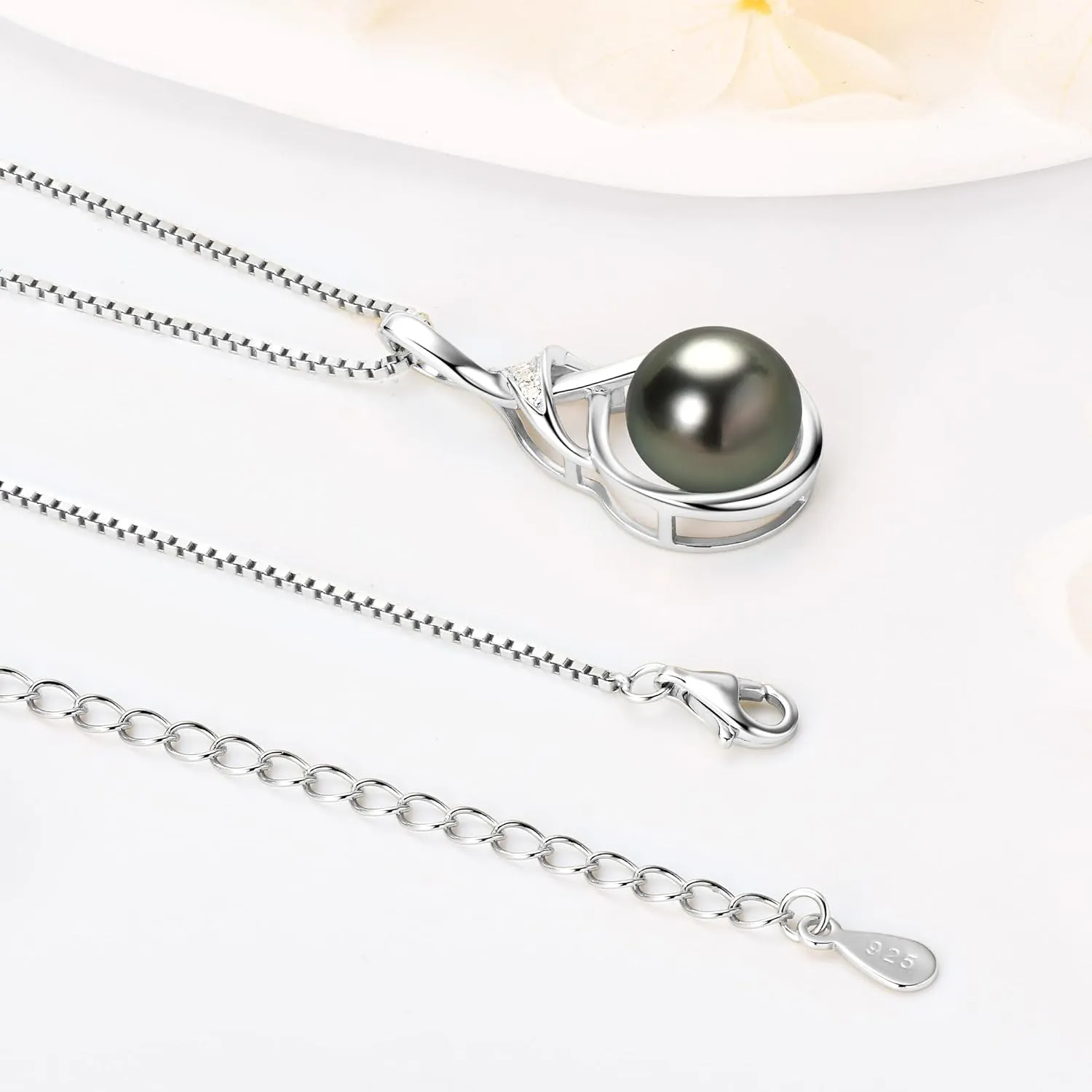 Tahitian Black Pearl Necklaces for Women, 925 Sterling Silver Single Pearl Pendant Necklace with Moissanite, Birthday Anniversary Jewelry Gifts for Wife Mom