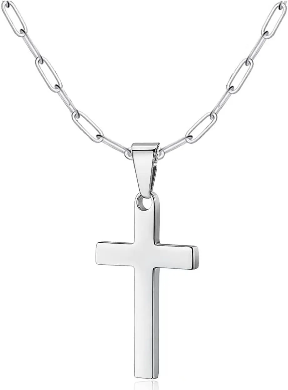 Tanyoyo Cross Necklace for Men Wemon, Mens Cross Necklaces with 3.0mm Paperclip Chain and Stainless Steel Cross Pendant, Box Chain 16-24 Inch