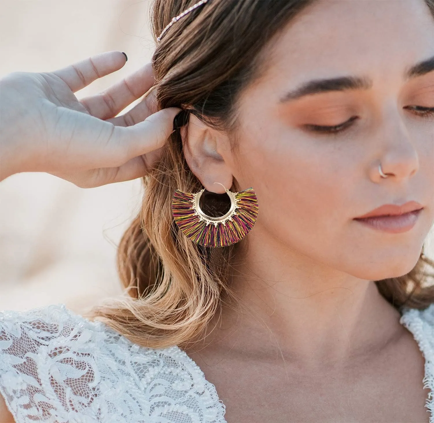Tassel Hoop Earring Statement Thread Dangle Earrings Stylish Long Fringe Drop Earrings Lightweight Long Swingy French Hook Earrings for Women
