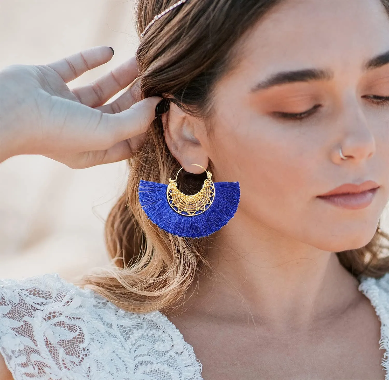 Tassel Hoop Earring Statement Thread Dangle Earrings Stylish Long Fringe Drop Earrings Lightweight Long Swingy French Hook Earrings for Women