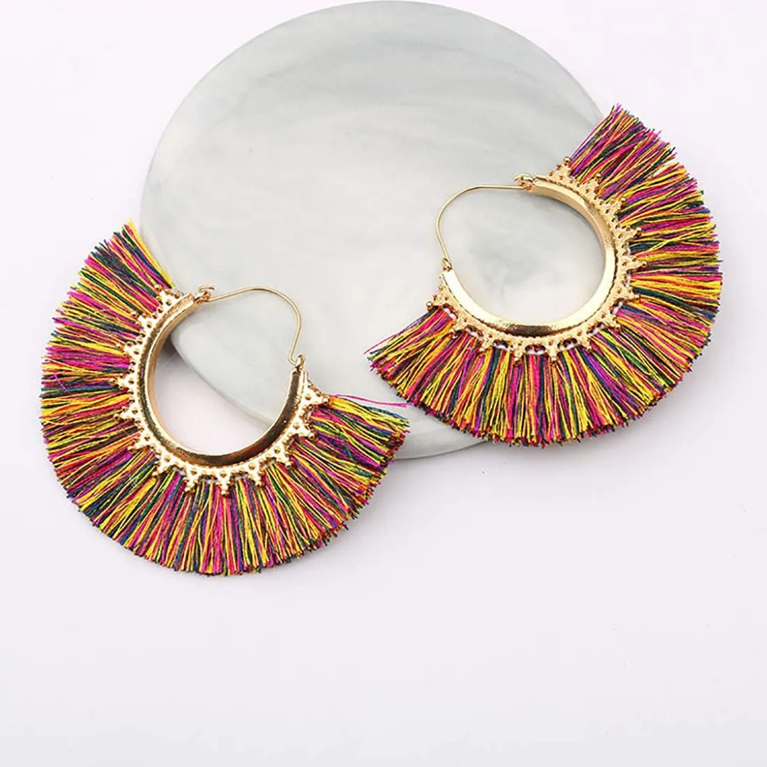 Tassel Hoop Earring Statement Thread Dangle Earrings Stylish Long Fringe Drop Earrings Lightweight Long Swingy French Hook Earrings for Women
