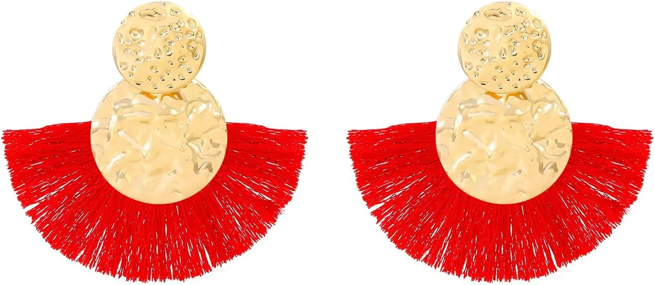 Tassel Hoop Earrings for Women - Gold Plated Dangle Earrings | Lightweight Boho French Hook Drop Earrings | Hypoallergenic Statement Jewelry Gift for Bridesmaids & Birthday(Red)