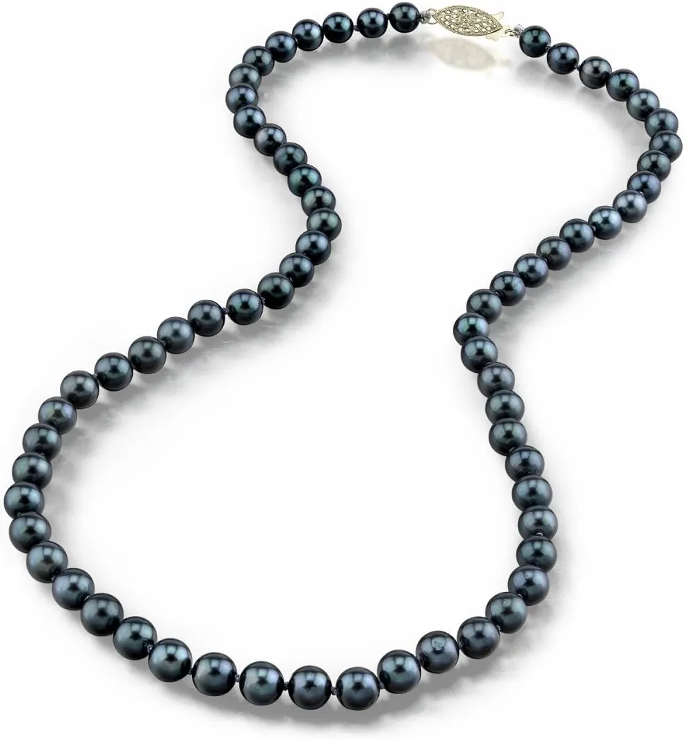 The Pearl Source Black Akoya Japanese Pearl Necklace for Women - 14k Gold Pearl Strand Necklace | 18in Long Pearl Necklace with Genuine Cultured Pearls Pearl Gifts for Christmas, Holidays and Anniversary