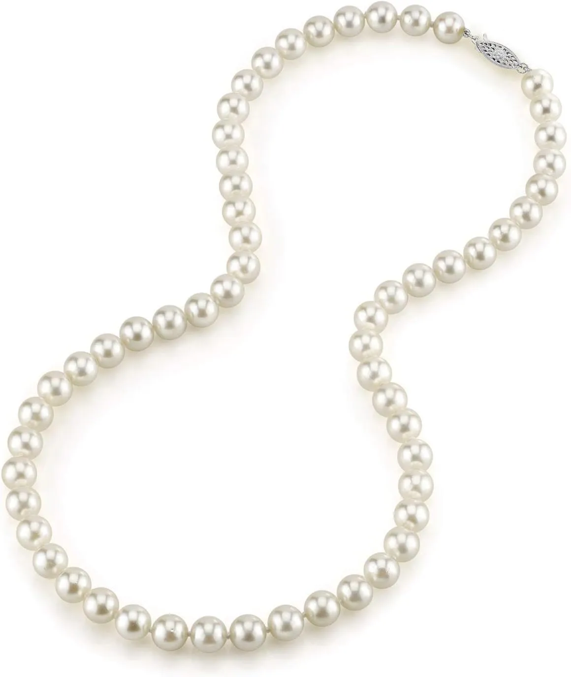 The Pearl Source White Akoya Japanese Pearl Necklace for Women - 14k Gold Pearl Strand Necklace | 18in Long Pearl with Genuine Cultured Pearls, 7.0-7.5mm