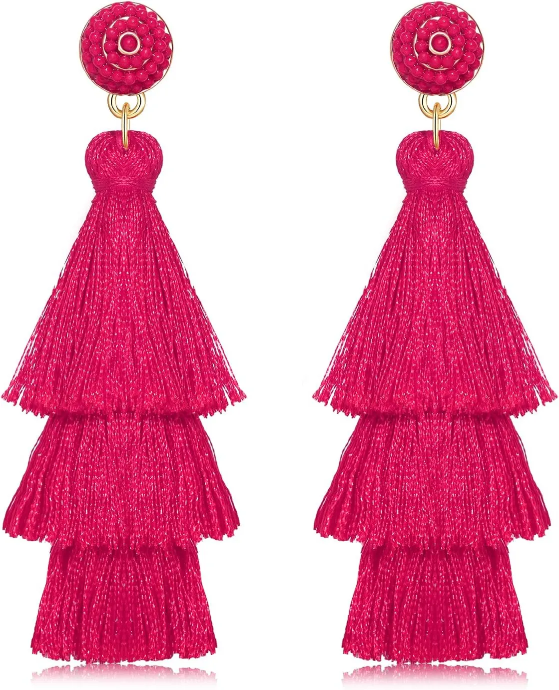 Tiered Tassel Drop Earrings Druzy Round Top Earring Studs for Women