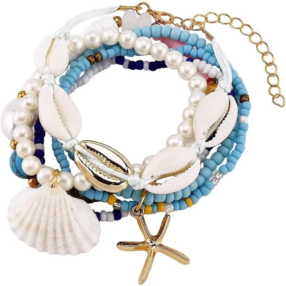 Todu Beach Bracelets Imitation Pearl Beaded Starfish Shell Bracelets Boho Summer Hawaii Vacation Jewelry for Women