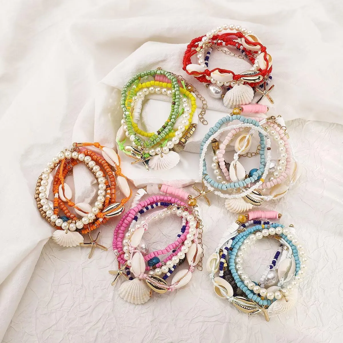 Todu Beach Bracelets Imitation Pearl Beaded Starfish Shell Bracelets Boho Summer Hawaii Vacation Jewelry for Women
