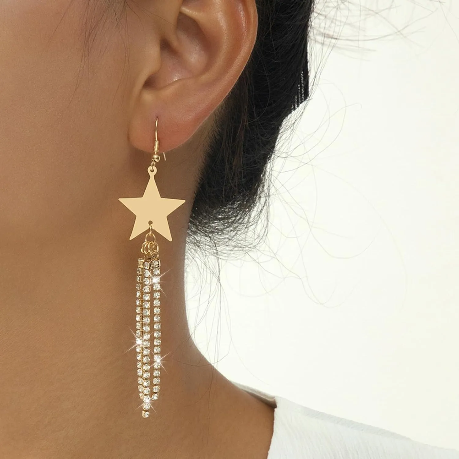 Trendy Gold & Silver Star Hoop & Dangle Earrings - Y2K Fashion Rhinestone Star Tassel Studs - 2024