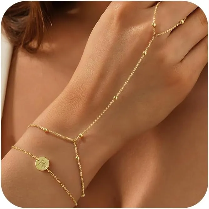 Turandoss Disc Initial Hand Chain Bracelet for Women, Trendy 14K Gold Plated Layered Disc Letter A-Z Ring Link Chain Charm Stackable Bracelet Set Hand Jewelry Gifts for Women