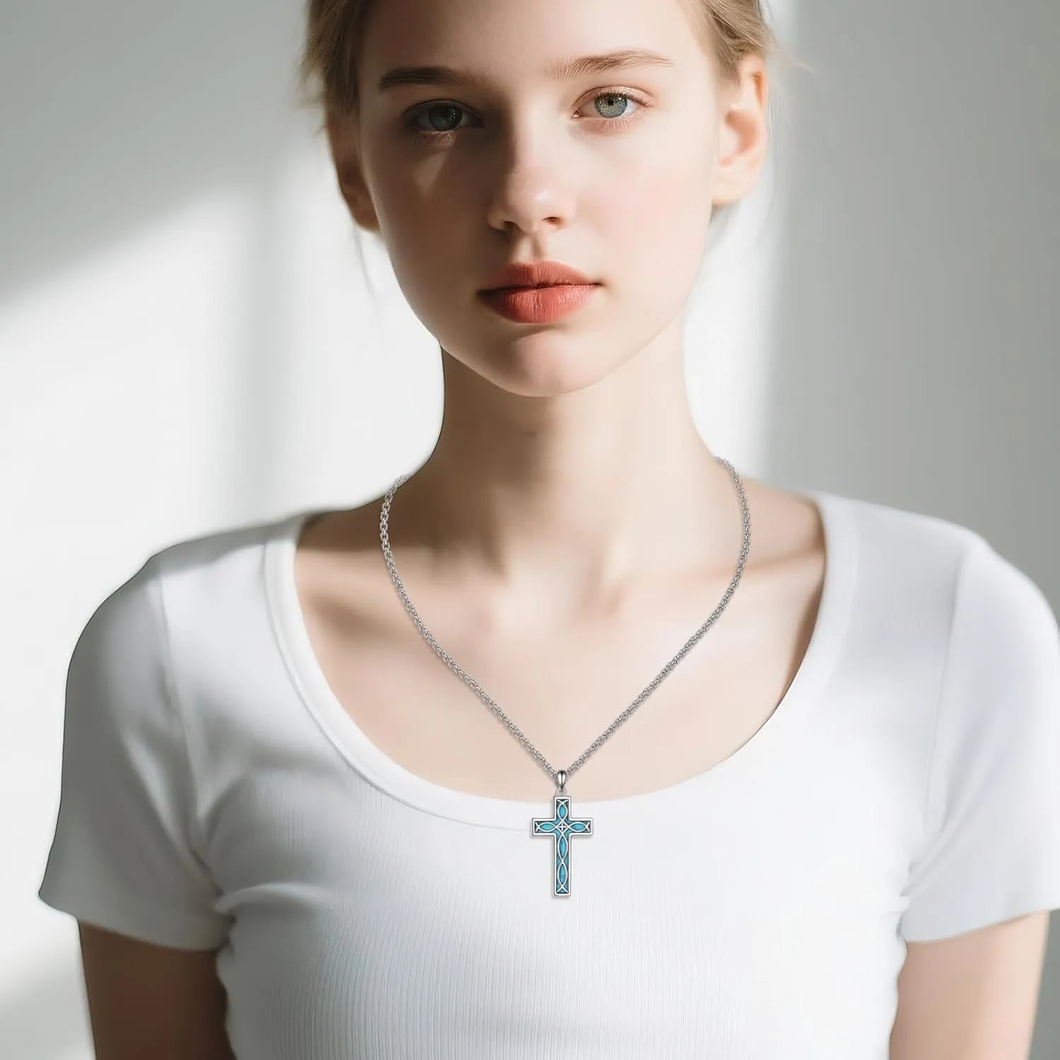 Turquoise Cross Necklace for Men Women S925 Sterling Silver Turquoise Pendant Necklaces Cross Jewelry Gifts