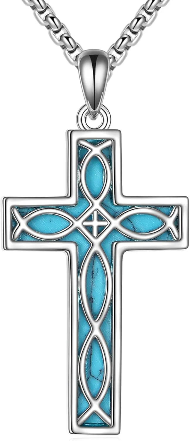 Turquoise Cross Necklace for Men Women S925 Sterling Silver Turquoise Pendant Necklaces Cross Jewelry Gifts