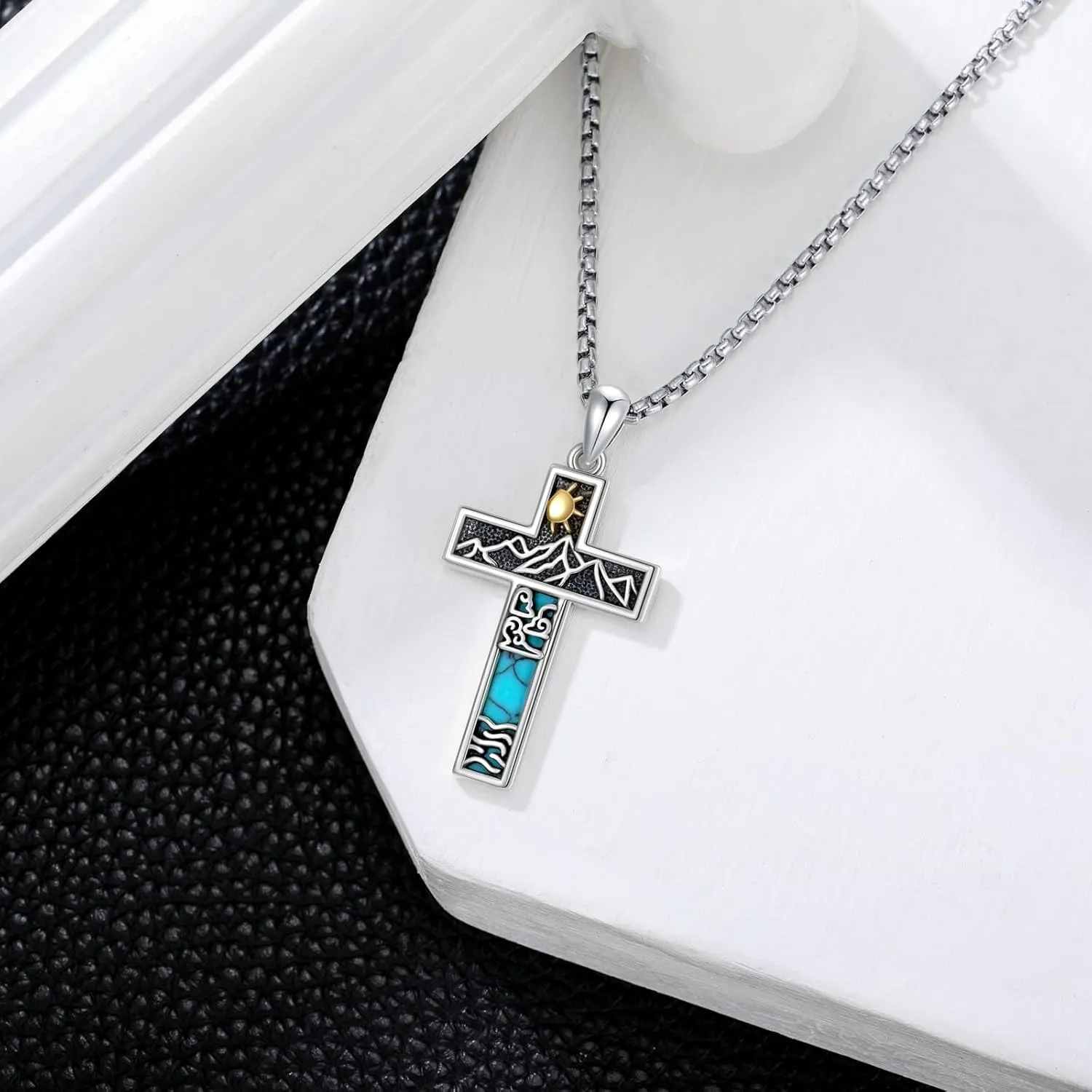 Turquoise Cross Necklace for Men Women S925 Sterling Silver Turquoise Pendant Necklaces Cross Jewelry Gifts