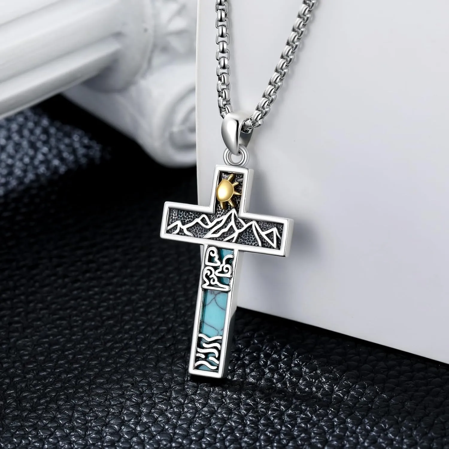 Turquoise Cross Necklace for Men Women S925 Sterling Silver Turquoise Pendant Necklaces Cross Jewelry Gifts