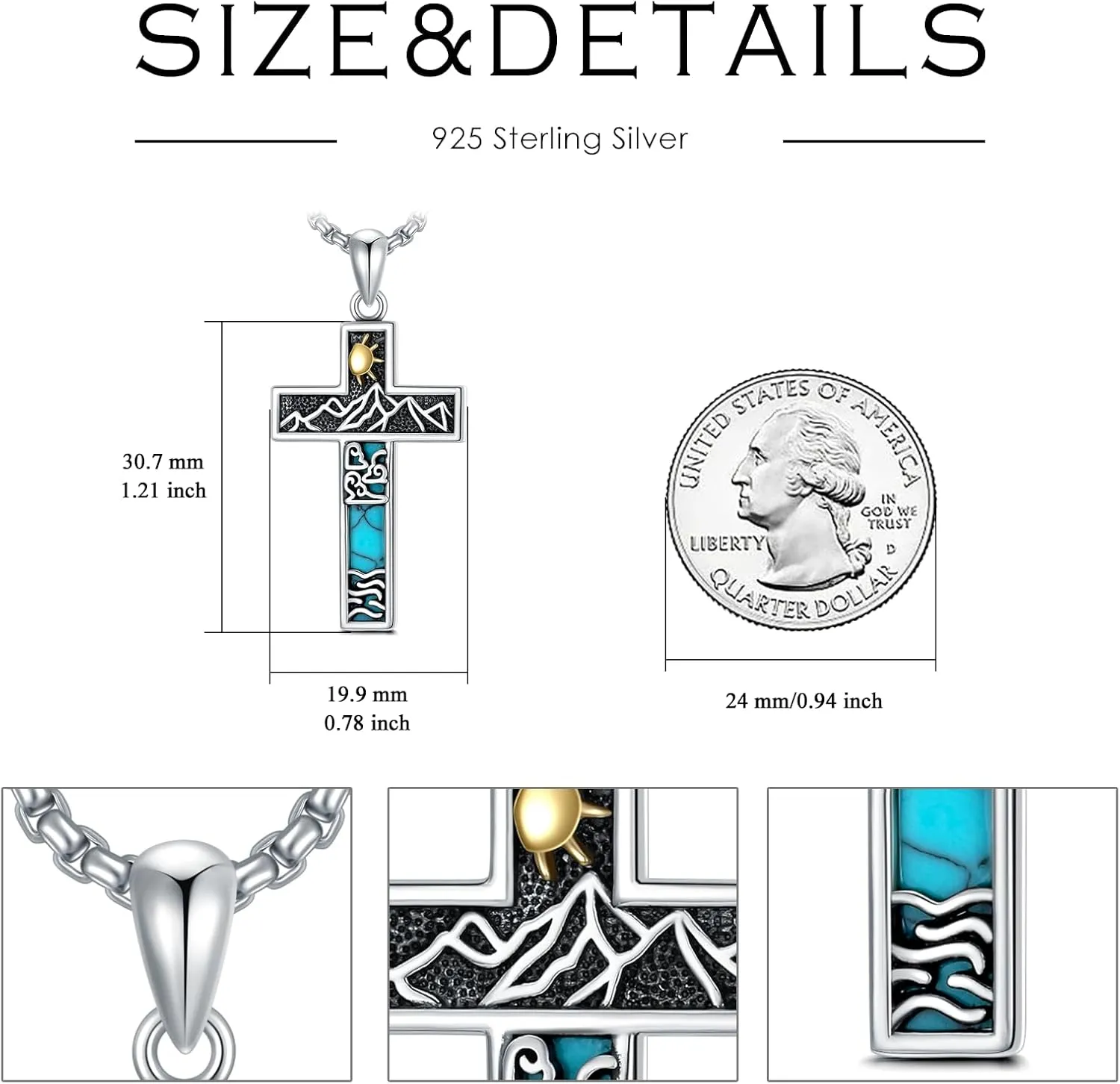 Turquoise Cross Necklace for Men Women S925 Sterling Silver Turquoise Pendant Necklaces Cross Jewelry Gifts