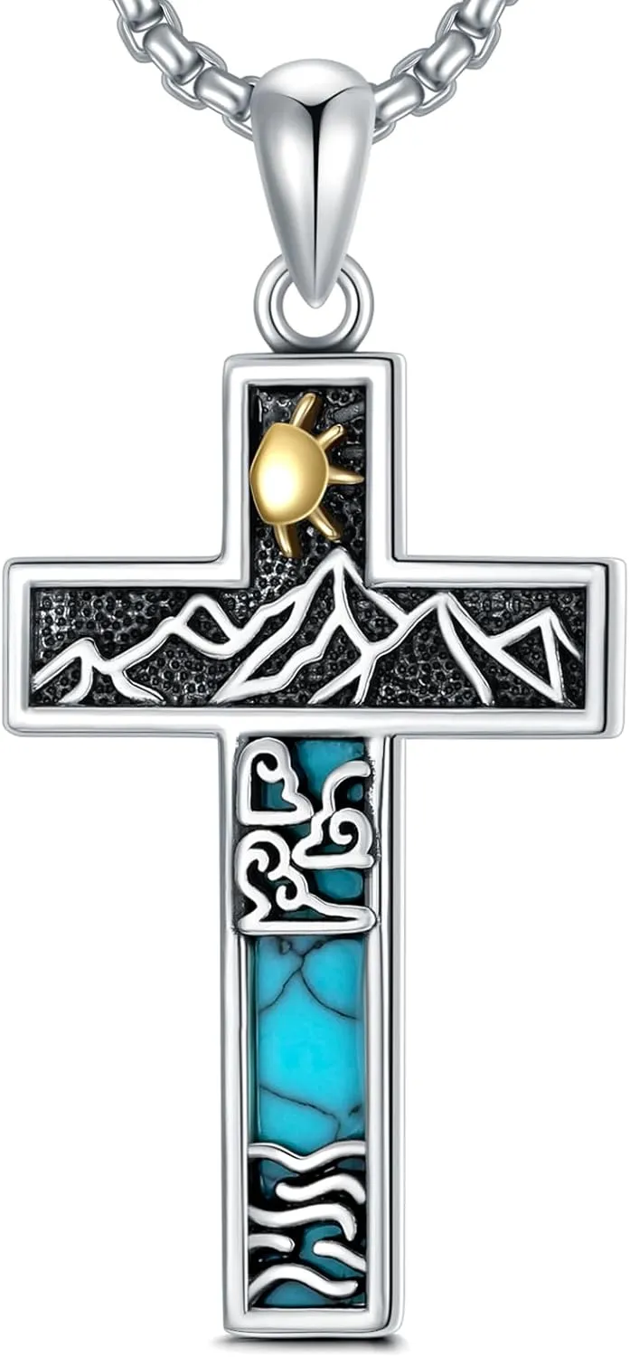 Turquoise Cross Necklace for Men Women S925 Sterling Silver Turquoise Pendant Necklaces Cross Jewelry Gifts