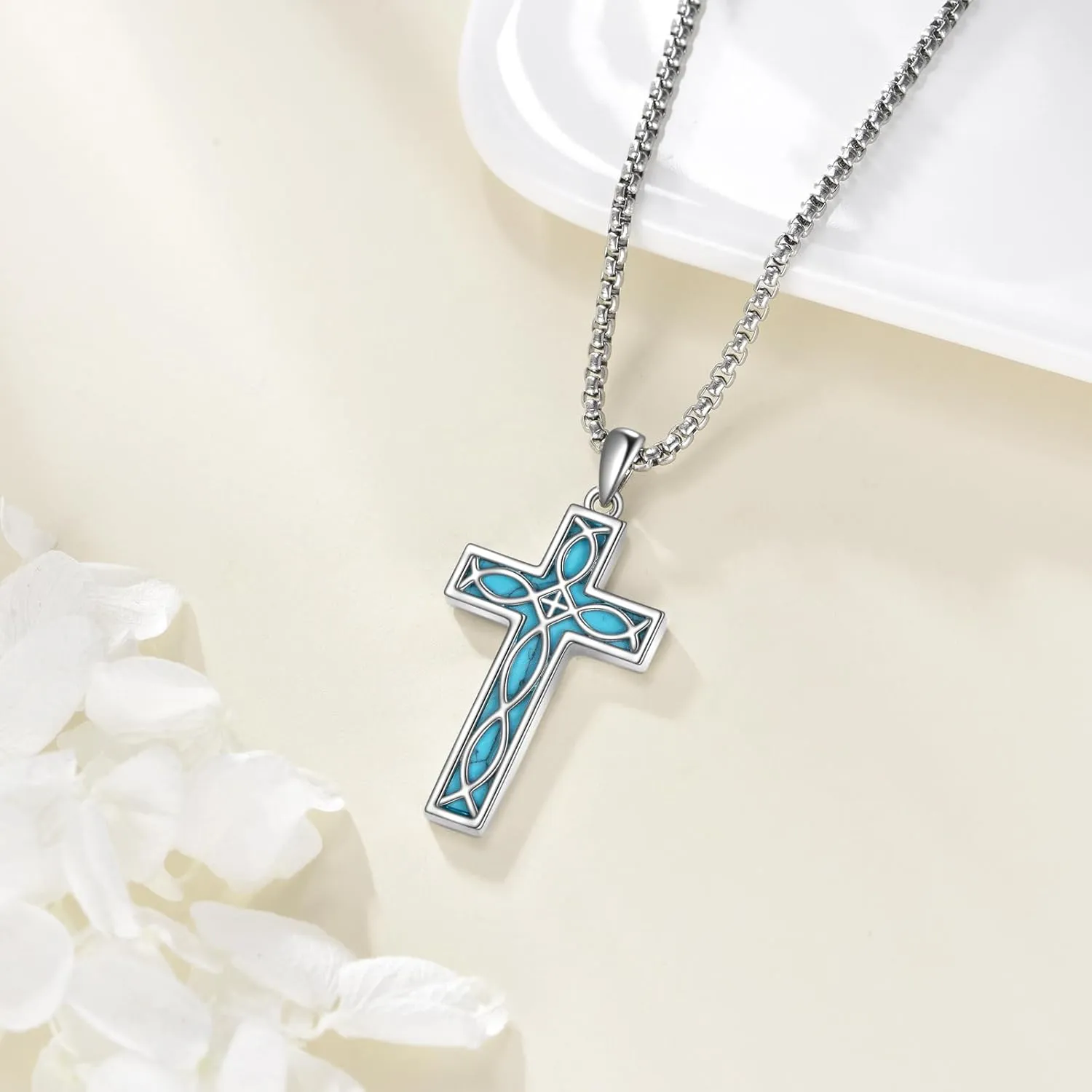 Turquoise Cross Necklace for Men Women S925 Sterling Silver Turquoise Pendant Necklaces Cross Jewelry Gifts