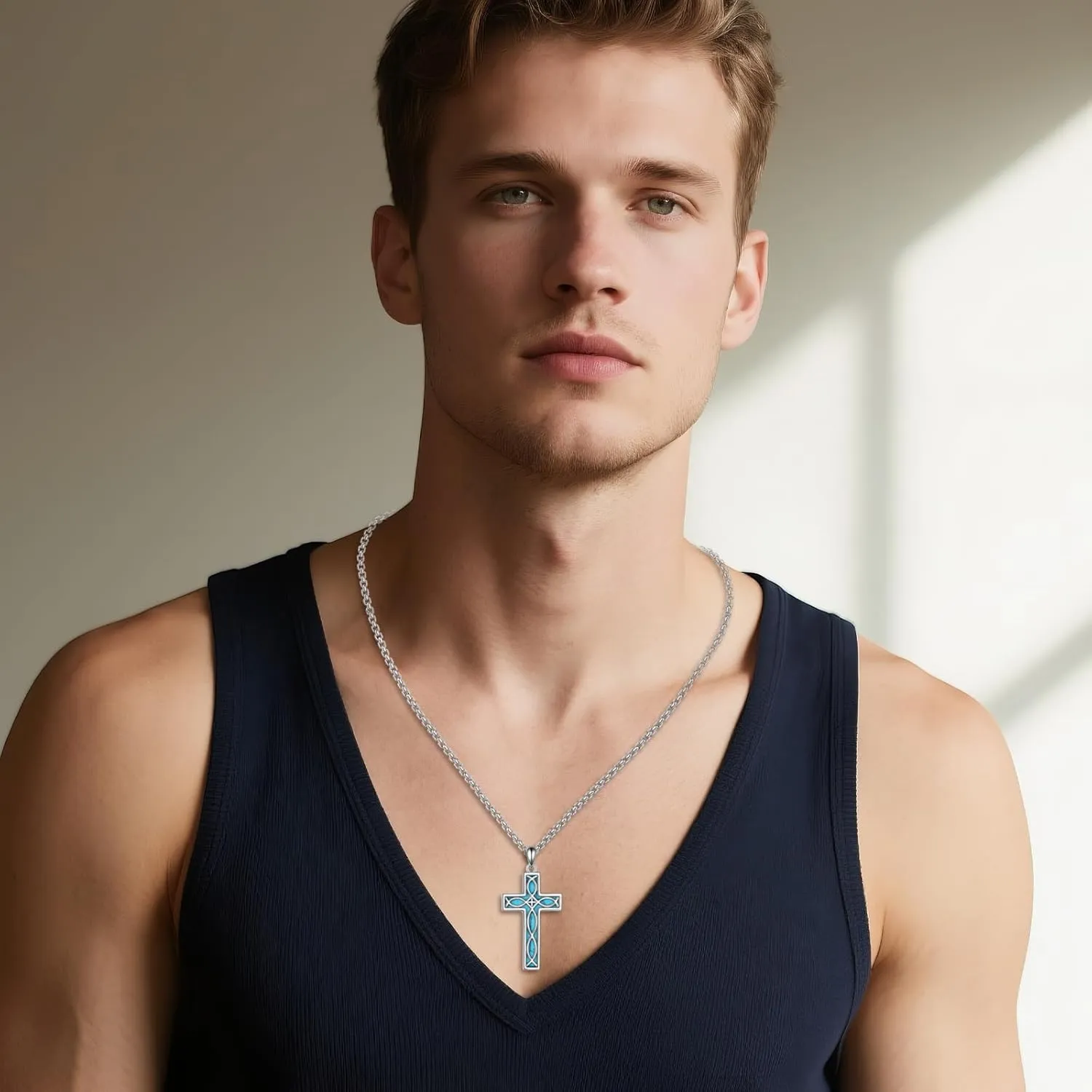 Turquoise Cross Necklace for Men Women S925 Sterling Silver Turquoise Pendant Necklaces Cross Jewelry Gifts