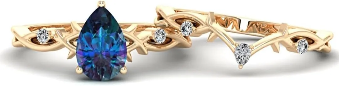 Unique Alexandrite Engagement Ring Set - Alexandrite Ring - Stacking Rings with Nature Inspired Twig Design - Handcrafted Twig Ring- Anniversary Rings