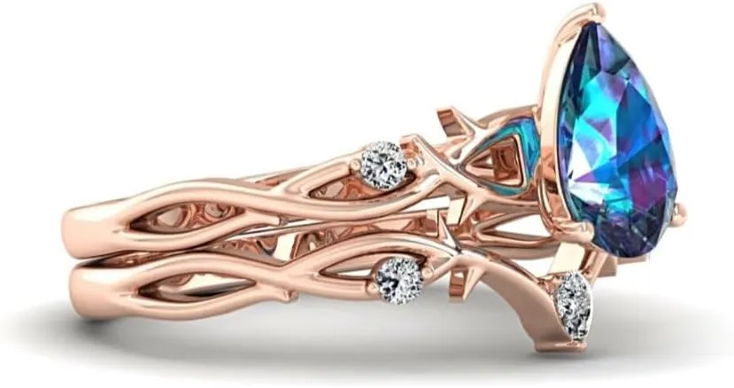 Unique Alexandrite Engagement Ring Set - Alexandrite Ring - Stacking Rings with Nature Inspired Twig Design - Handcrafted Twig Ring- Anniversary Rings