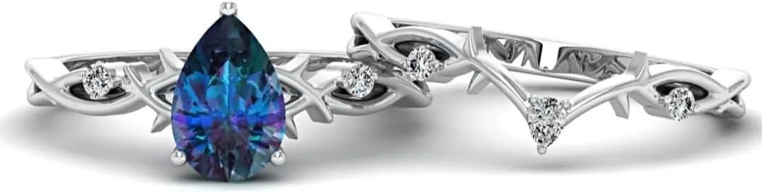 Unique Alexandrite Engagement Ring Set - Alexandrite Ring - Stacking Rings with Nature Inspired Twig Design - Handcrafted Twig Ring- Anniversary Rings